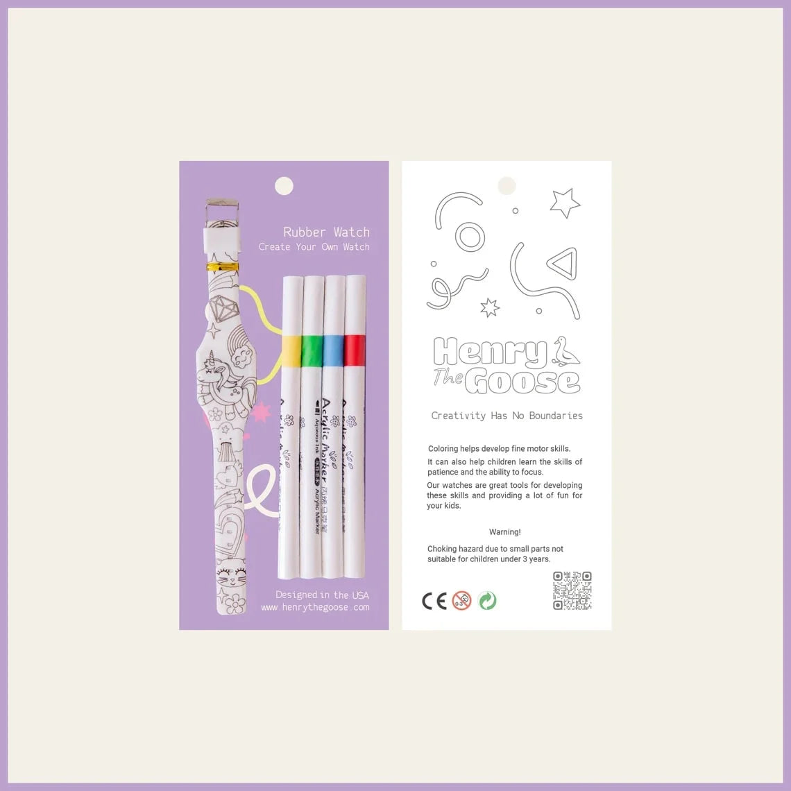 A Henry the Goose rubber watch set, complete with a designable watch and non-toxic fabric markers for kids to express their creativity.
